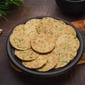 rajgira corriander mini khakhra, made with millets, gluten free and vegan crispies